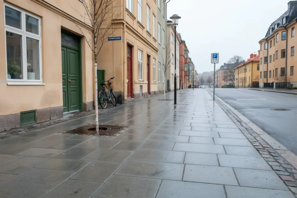 renoverad trottoar med granith llar och gatsten i s dermalm stockholm